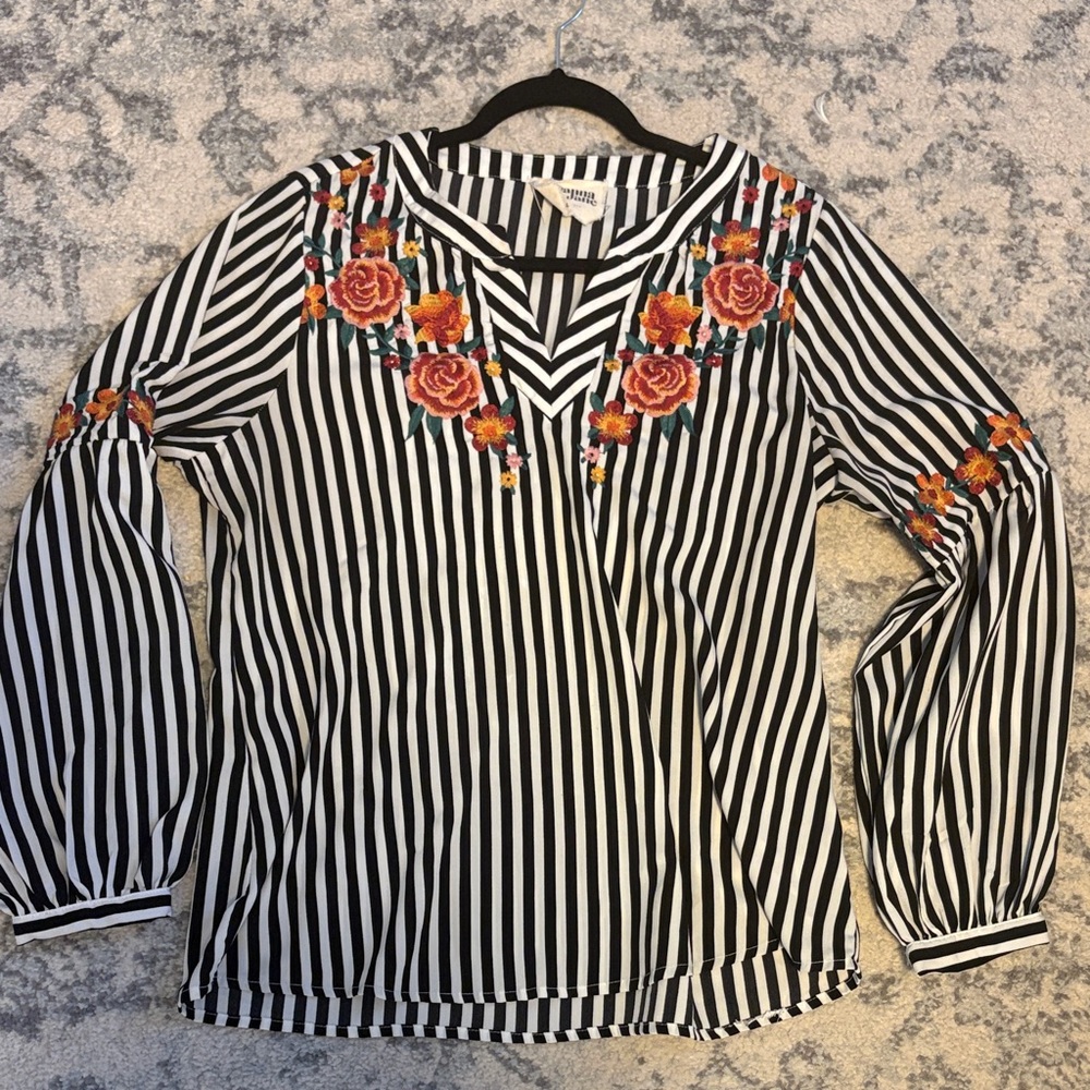 Savanna Jane Black and White Striped Blouse with Floral Embroidery